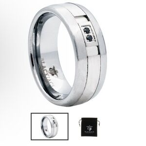 Mens 8mm Brushed And Polished Tungsten Band Ring With Black Cubic Zirconia
